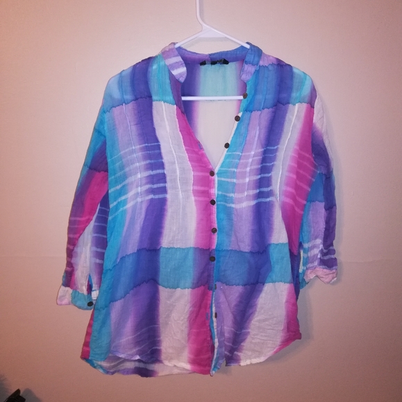 3/4 roll up sleeve colorful sheer blouse - Picture 2 of 8
